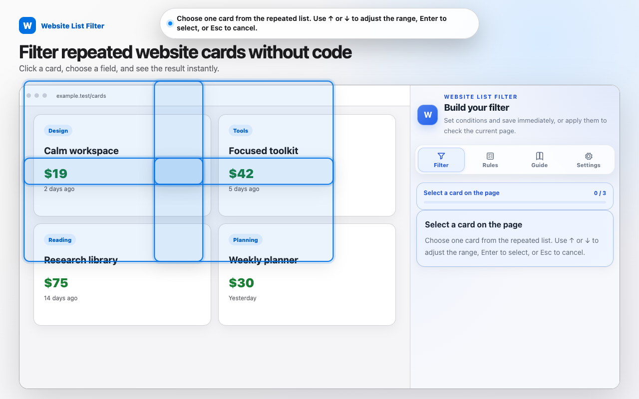 Website List Filter selecting a repeated card group on a webpage beside the filter Side Panel